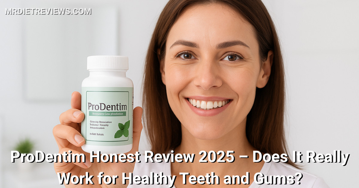 A smiling woman holding a ProDentim probiotic supplement bottle, representing an honest 2025 review about oral health and healthy teeth and gums.