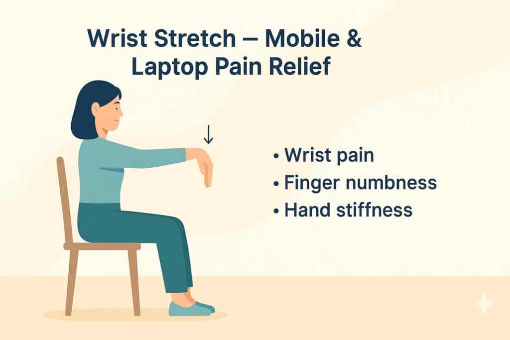 Woman performing wrist stretch for pain and stiffness relief.