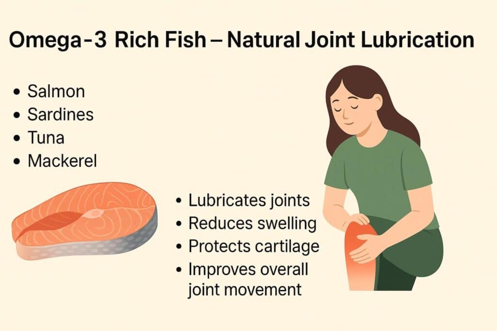Illustration showing omega-3 rich fish like salmon, sardines, tuna, and mackerel with a woman holding her knee, highlighting benefits such as joint lubrication, reduced swelling, cartilage protection, and improved movement.