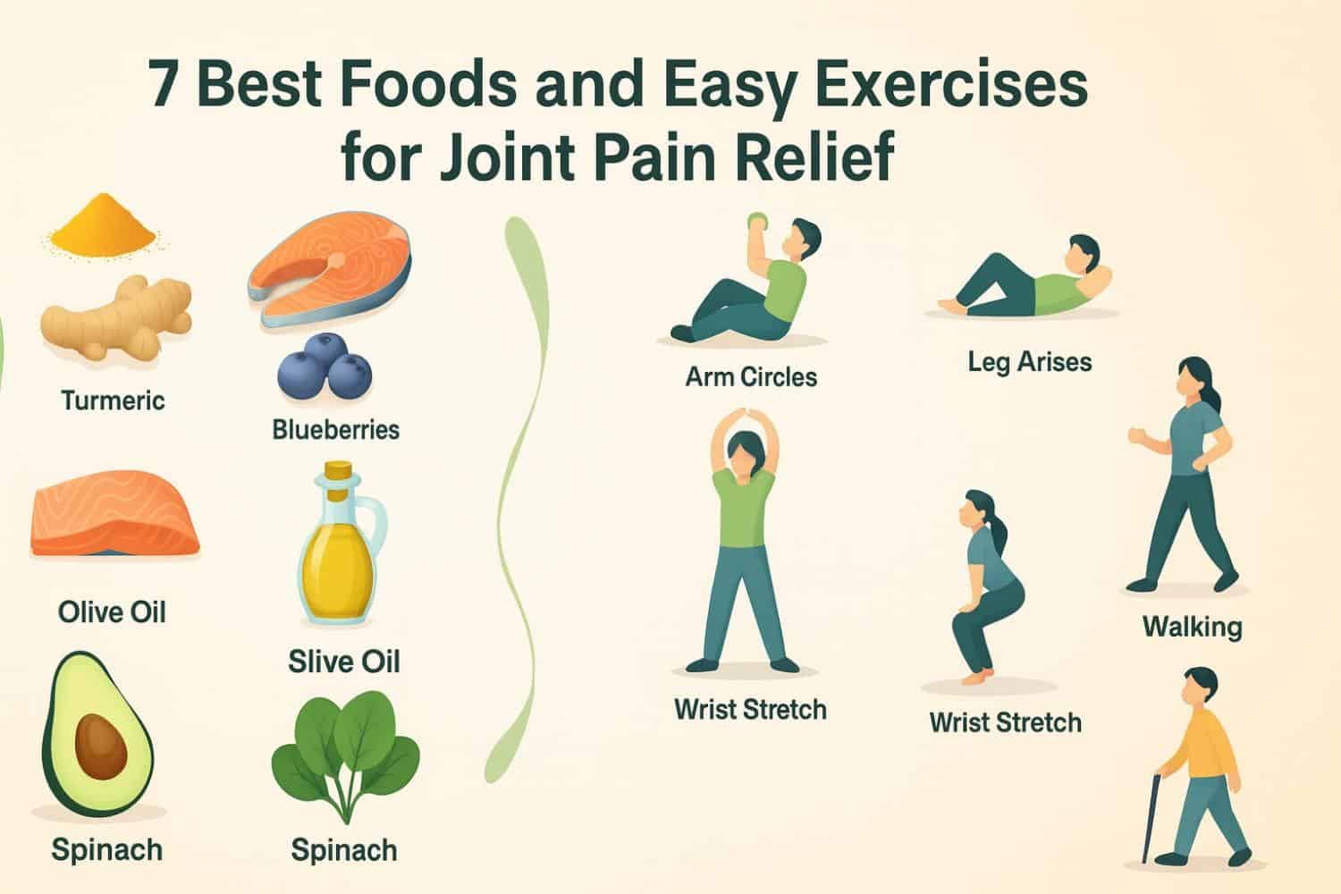 Fresh blueberries, salmon, olive oil, spinach, turmeric, ginger, and healthy exercises like arm curls and leg stretches are effective for joint pain relief and promoting overall health.