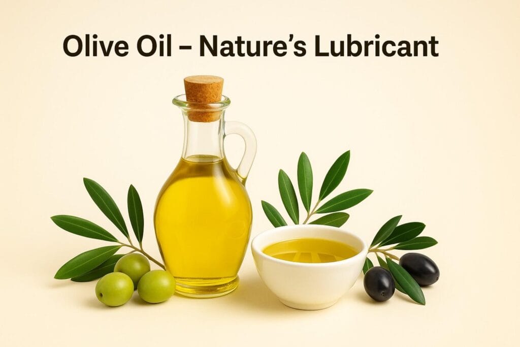 A bottle of olive oil with fresh green and black olives placed around it, representing olive oil as a natural lubricant that supports joint comfort and movement.