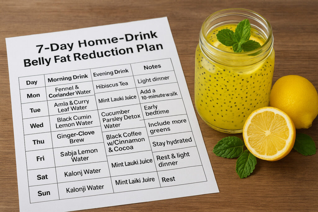 A printed 7-day home-drink belly fat reduction plan on a white sheet beside a mason jar of basil seed lemon drink, fresh lemons, and mint leaves on a wooden surface.