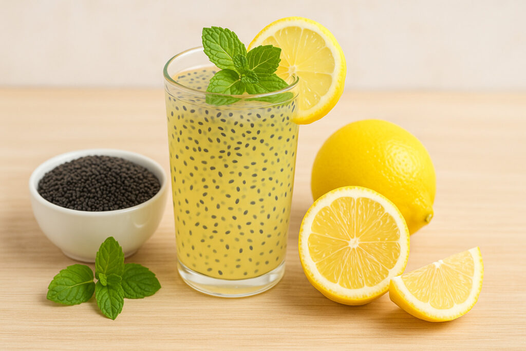 A glass of refreshing basil seed and lemon drink with mint leaves, fresh lemons, and basil seeds on a wooden table.