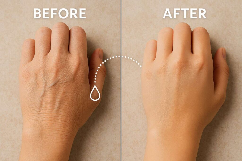 Before and after comparison of dry skin showing improvement in smoothness and hydration on the hand.