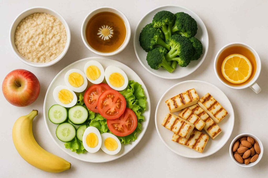 "Healthy high-protein and low-carb foods including eggs, almonds, paneer, vegetables, and herbal tea arranged on a clean table for a belly fat-friendly meal plan."