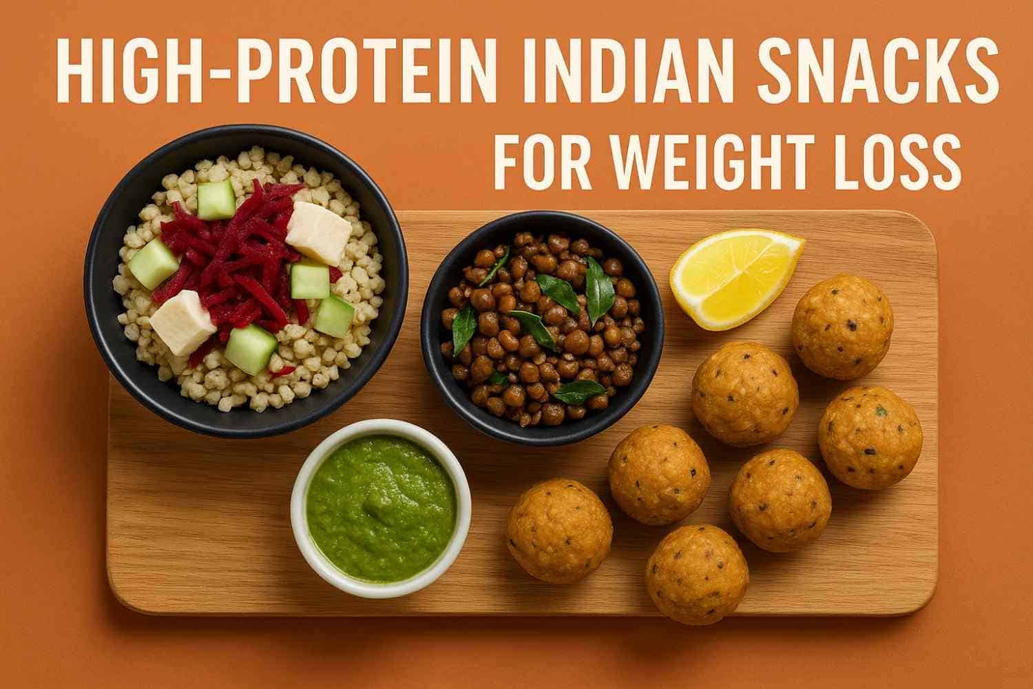 High-protein Indian snacks for weight loss on a wooden tray with chutney and lemon.