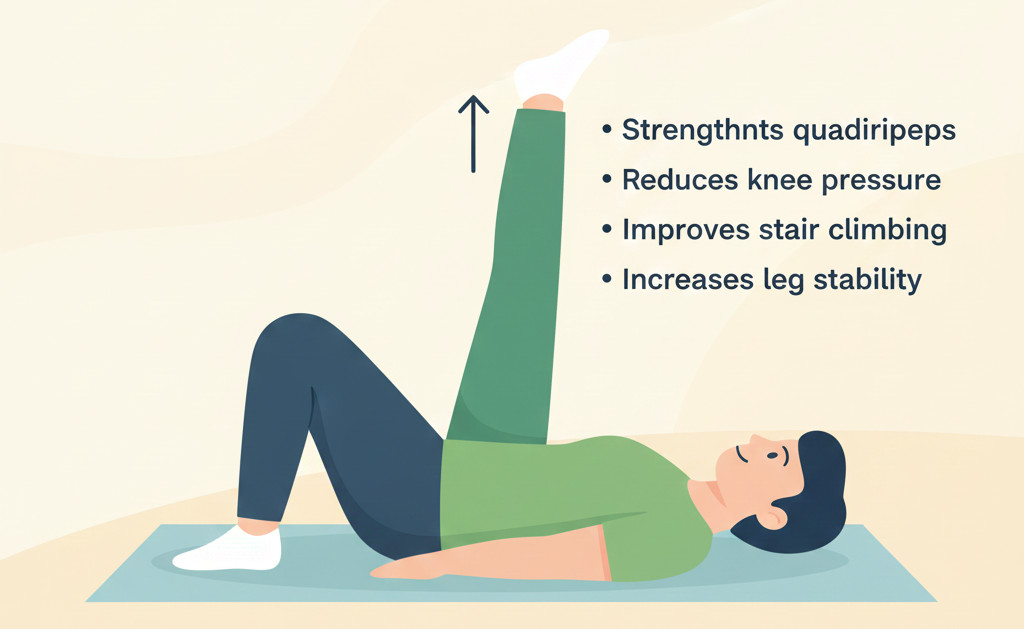 Illustration of a person lying on their back performing a leg raise exercise, with benefits listed such as strengthening quadriceps, reducing knee pressure, improving stair climbing, and increasing leg stability.