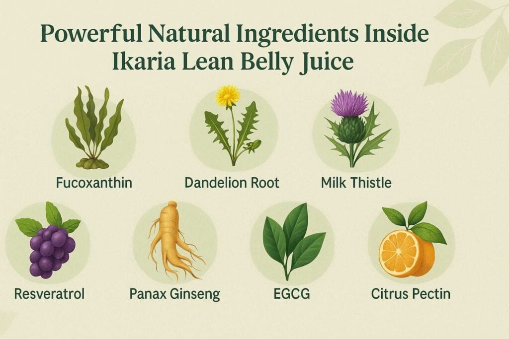 Illustration showing seven key natural ingredients in Ikaria Lean Belly Juice — Fucoxanthin, Dandelion Root, Milk Thistle, Resveratrol, Panax Ginseng, EGCG, and Citrus Pectin — on a soft green background.