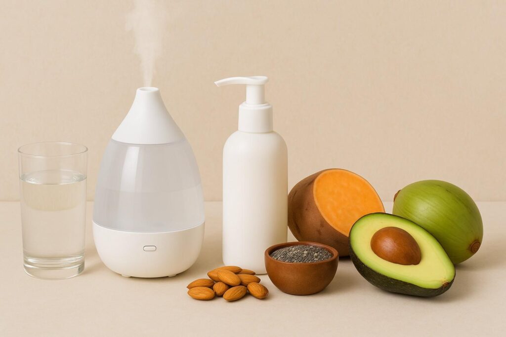 Glass of water, humidifier, moisturizer bottle, almonds, avocado, sweet potato, chia seeds, and coconut displayed together to represent natural dry skin relief.