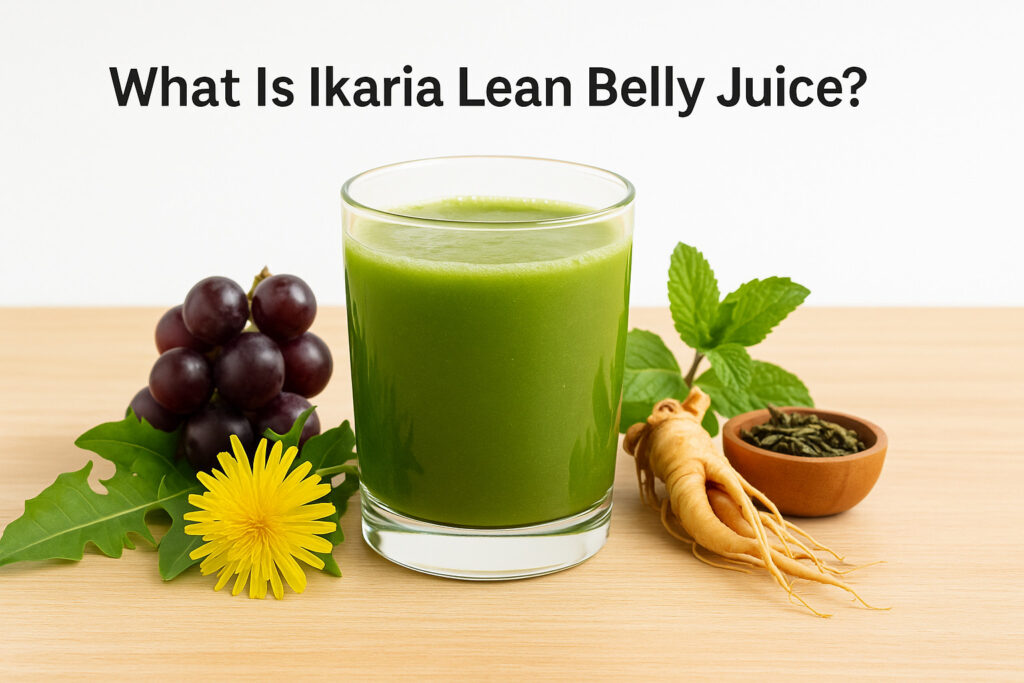 Glass of green Ikaria Lean Belly Juice surrounded by fresh grapes, dandelion flower, ginseng root, mint leaves, and green tea on a wooden table.