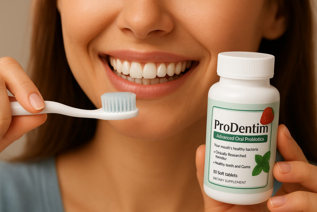 Smiling woman holding a ProDentim bottle and toothbrush, representing daily dental care routine and oral health benefits.